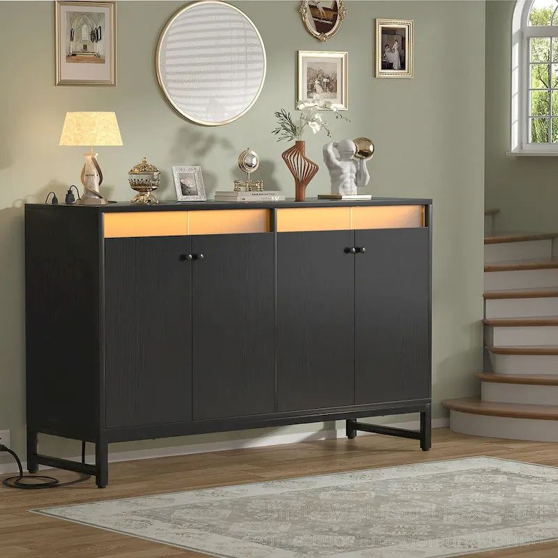 Meuble d'appoint à 4 portes avec prise de courant, buffet de rangement avec bar et éclairage LED