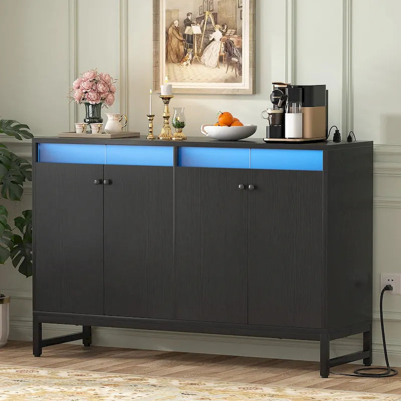 Meuble d'appoint à 4 portes avec prise de courant, buffet de rangement avec bar et éclairage LED