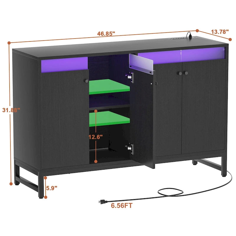 Meuble d'appoint à 4 portes avec prise de courant, buffet de rangement avec bar et éclairage LED