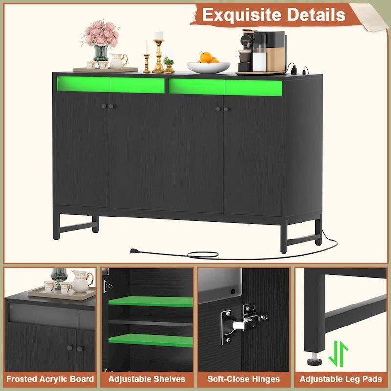 Meuble d'appoint à 4 portes avec prise de courant, buffet de rangement avec bar et éclairage LED