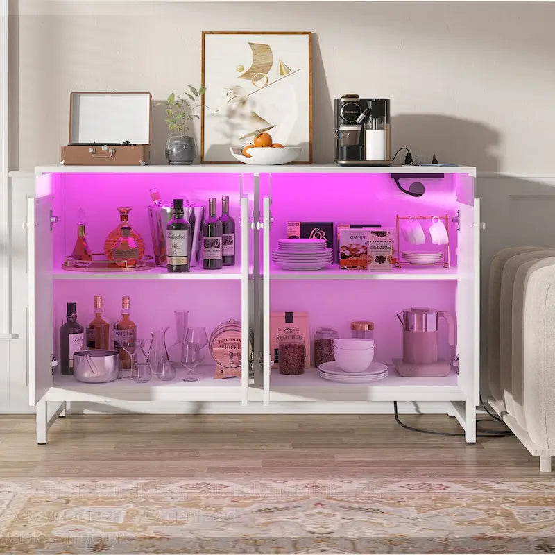 Meuble d'appoint à 4 portes avec prise de courant, buffet de rangement avec bar et éclairage LED