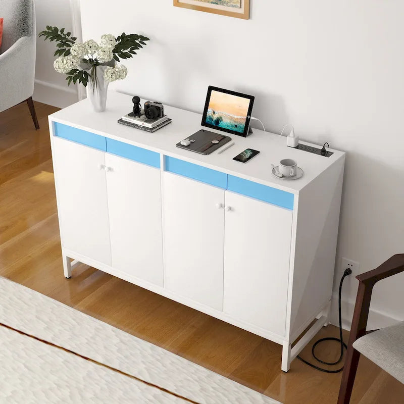 Meuble d'appoint à 4 portes avec prise de courant, buffet de rangement avec bar et éclairage LED