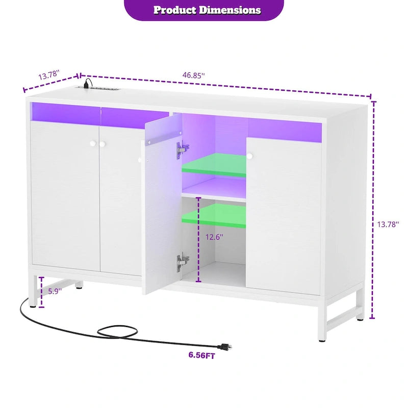 Meuble d'appoint à 4 portes avec prise de courant, buffet de rangement avec bar et éclairage LED