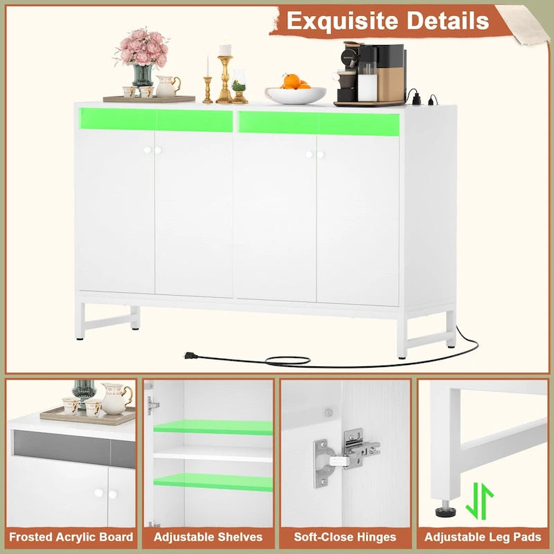 Meuble d'appoint à 4 portes avec prise de courant, buffet de rangement avec bar et éclairage LED