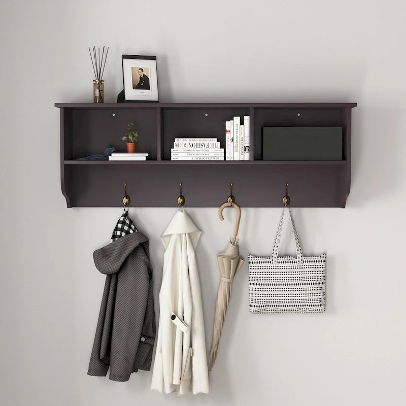 Porte-manteau mural Espresso avec 4 patères doubles et étagère de rangement en bois pour salon
