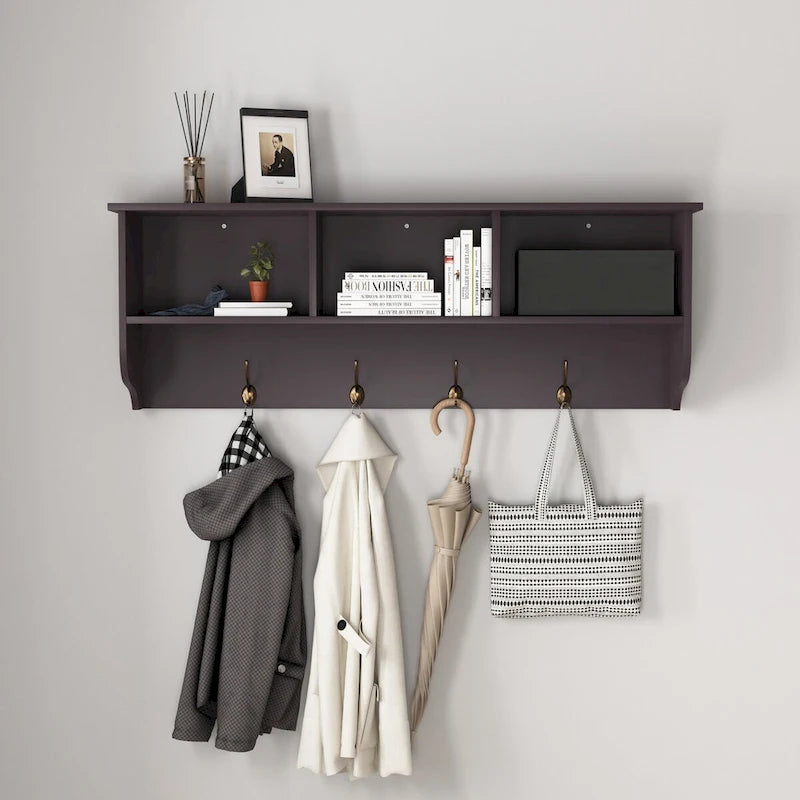 Porte-manteau mural Espresso avec 4 patères doubles et étagère de rangement en bois pour salon