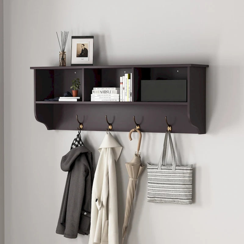 Porte-manteau mural Espresso avec 4 patères doubles et étagère de rangement en bois pour salon