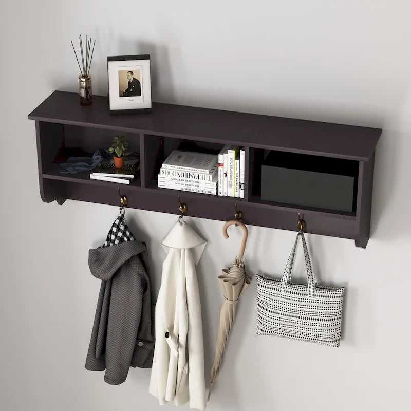 Porte-manteau mural Espresso avec 4 patères doubles et étagère de rangement en bois pour salon