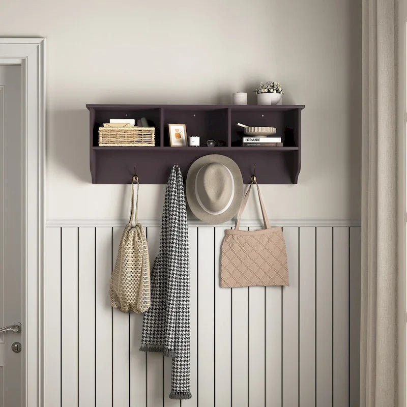 Porte-manteau mural Espresso avec 4 patères doubles et étagère de rangement en bois pour salon