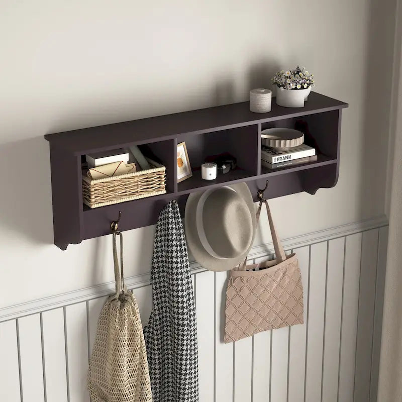 Porte-manteau mural Espresso avec 4 patères doubles et étagère de rangement en bois pour salon
