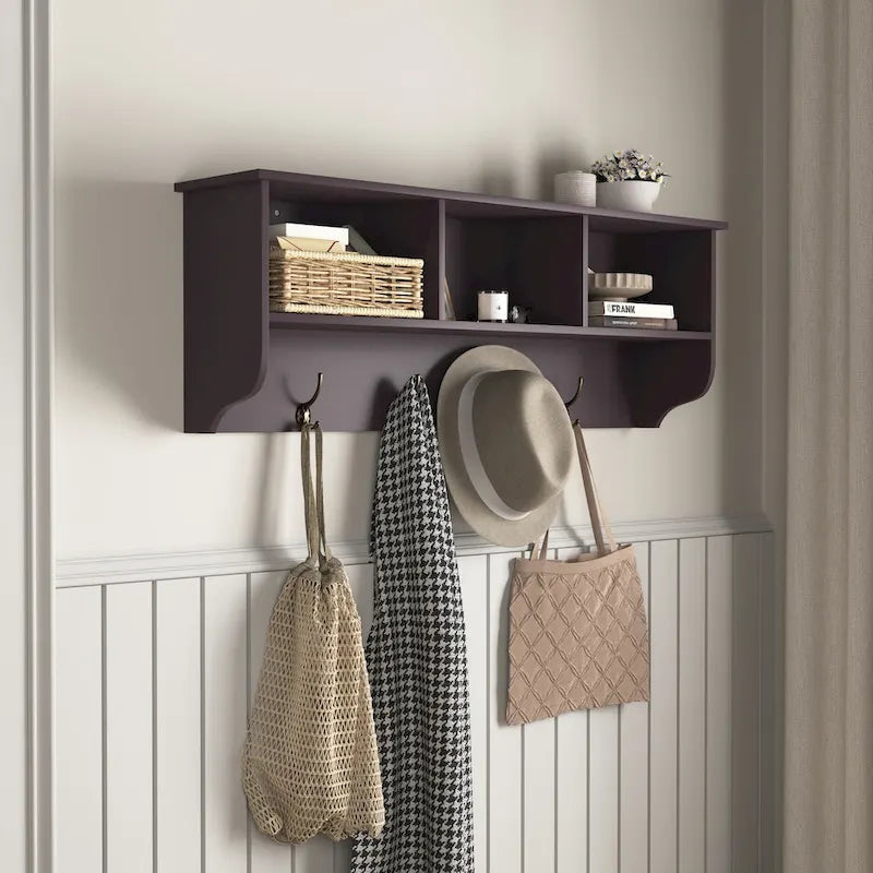 Porte-manteau mural Espresso avec 4 patères doubles et étagère de rangement en bois pour salon