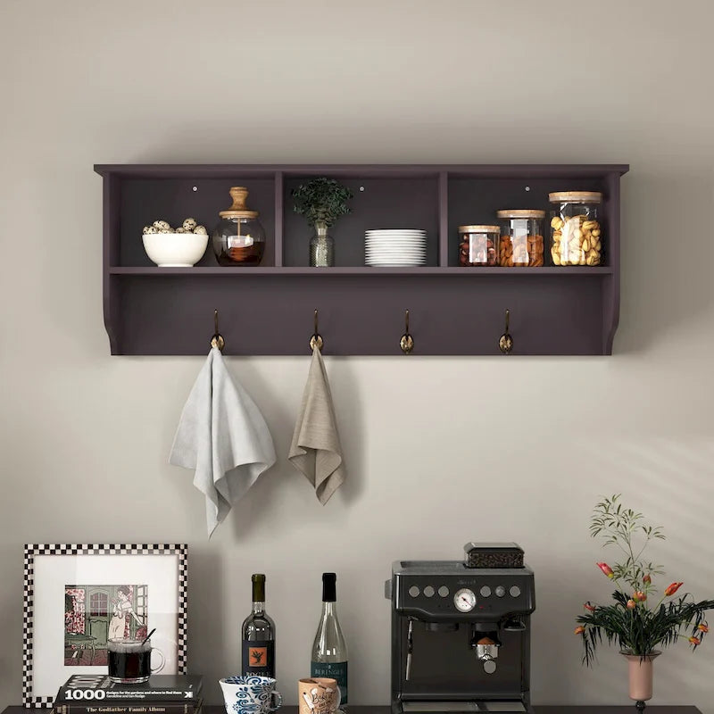 Porte-manteau mural Espresso avec 4 patères doubles et étagère de rangement en bois pour salon