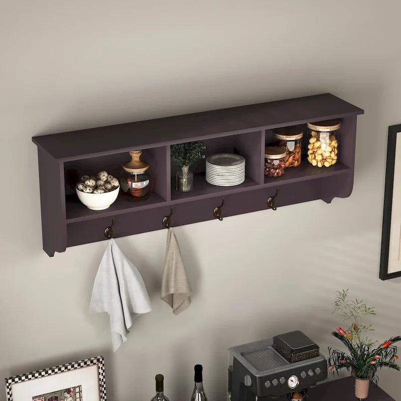 Porte-manteau mural Espresso avec 4 patères doubles et étagère de rangement en bois pour salon