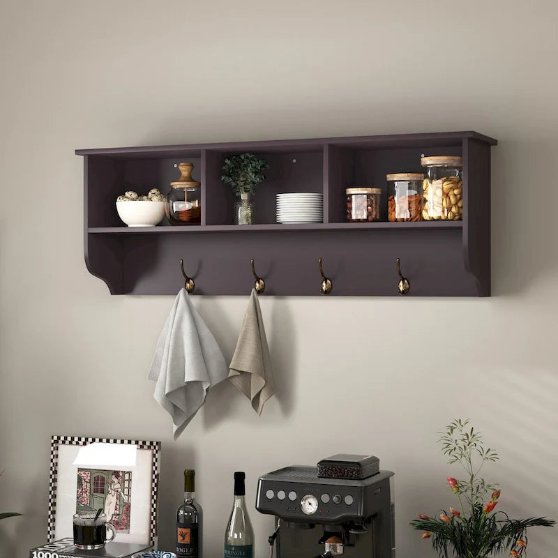 Porte-manteau mural Espresso avec 4 patères doubles et étagère de rangement en bois pour salon