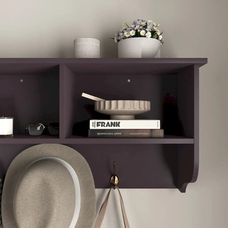 Porte-manteau mural Espresso avec 4 patères doubles et étagère de rangement en bois pour salon