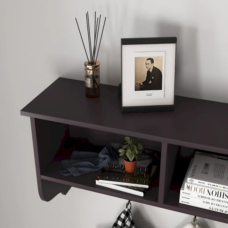 Porte-manteau mural Espresso avec 4 patères doubles et étagère de rangement en bois pour salon