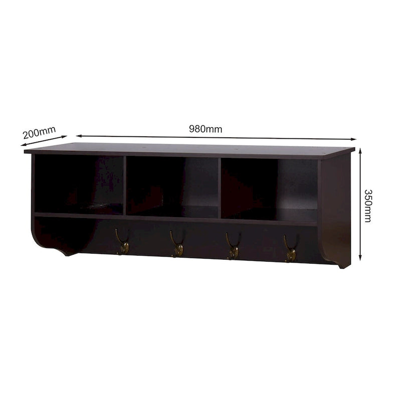 Porte-manteau mural Espresso avec 4 patères doubles et étagère de rangement en bois pour salon