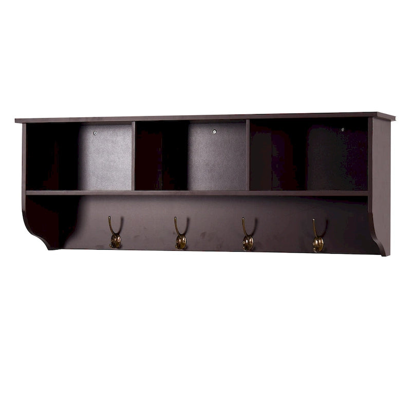 Porte-manteau mural Espresso avec 4 patères doubles et étagère de rangement en bois pour salon
