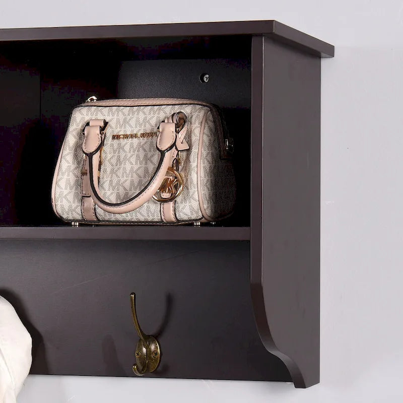Porte-manteau mural Espresso avec 4 patères doubles et étagère de rangement en bois pour salon