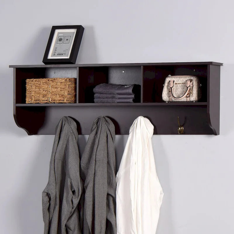 Porte-manteau mural Espresso avec 4 patères doubles et étagère de rangement en bois pour salon