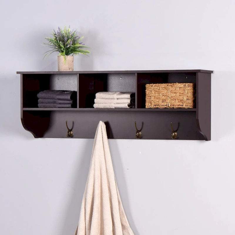 Porte-manteau mural Espresso avec 4 patères doubles et étagère de rangement en bois pour salon