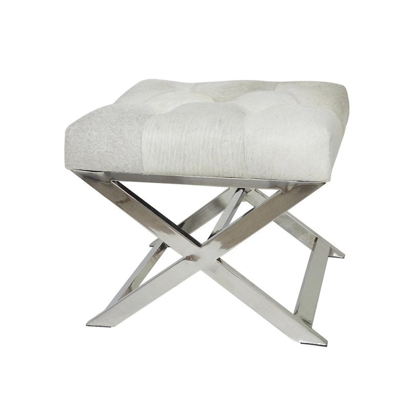 Banc capitonné en cuir avec piètement diagonal argenté - Gris