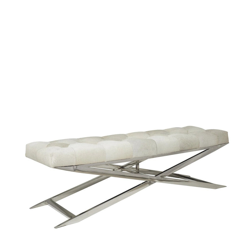 Banc capitonné en cuir avec piètement diagonal argenté - Gris