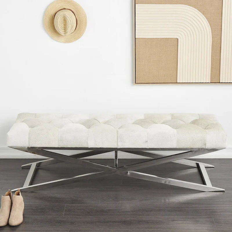 Banc capitonné en cuir avec piètement diagonal argenté - Gris