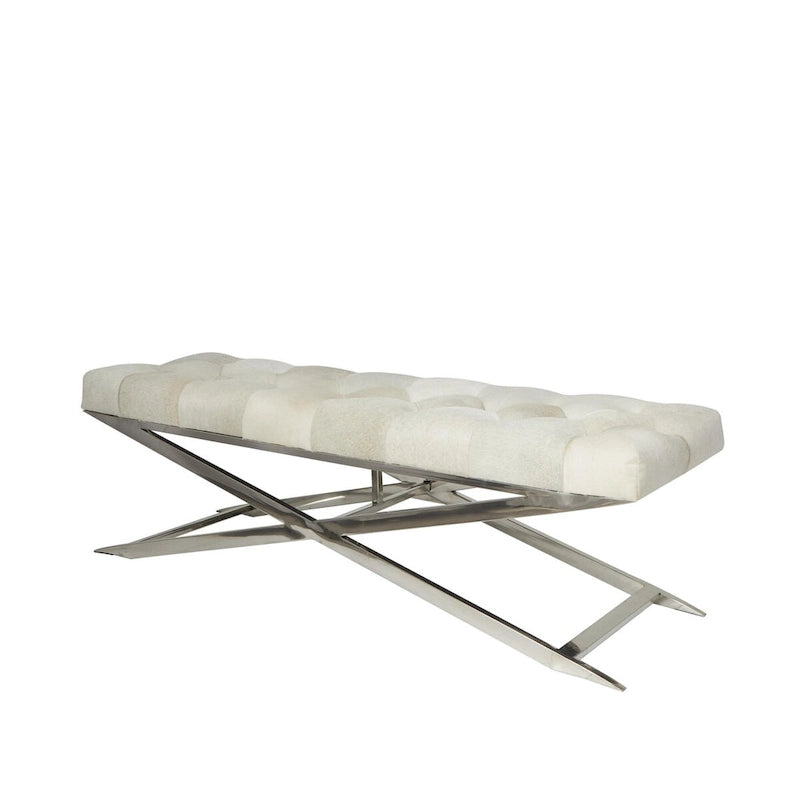 Banc capitonné en cuir avec piètement diagonal argenté - Gris