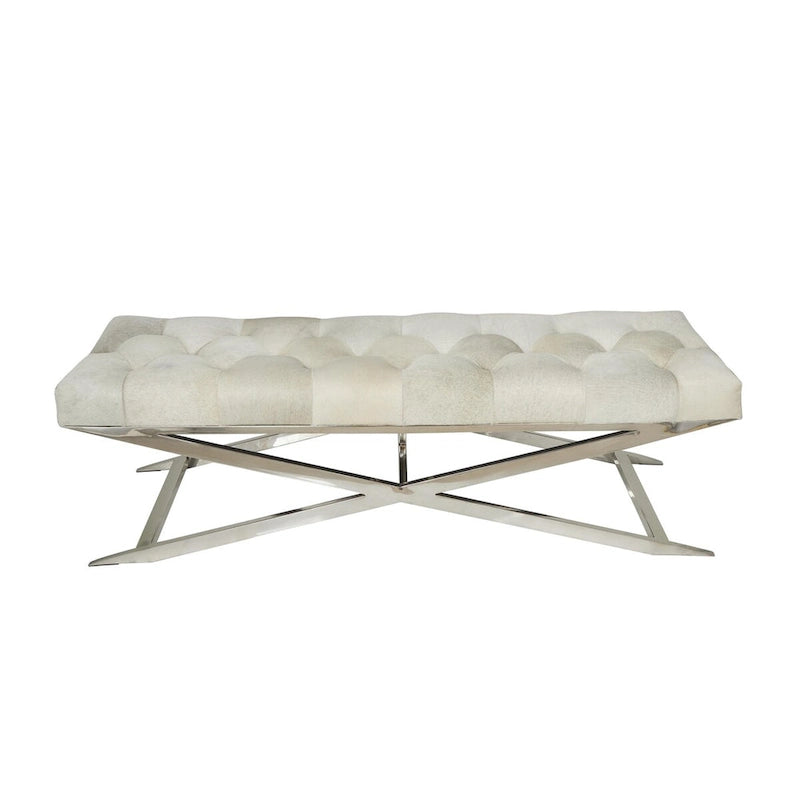 Banc capitonné en cuir avec piètement diagonal argenté - Gris