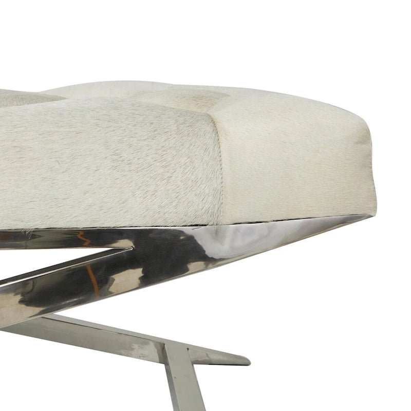 Banc capitonné en cuir avec piètement diagonal argenté - Gris