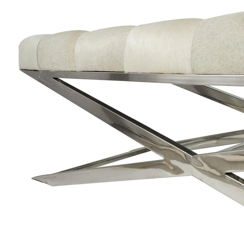 Banc capitonné en cuir avec piètement diagonal argenté - Gris