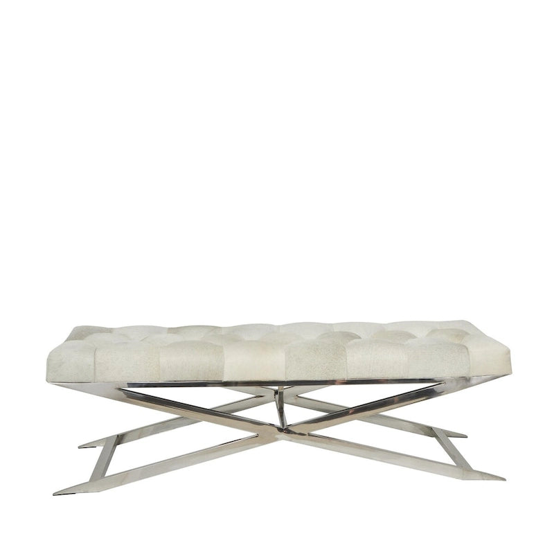Banc capitonné en cuir avec piètement diagonal argenté - Gris