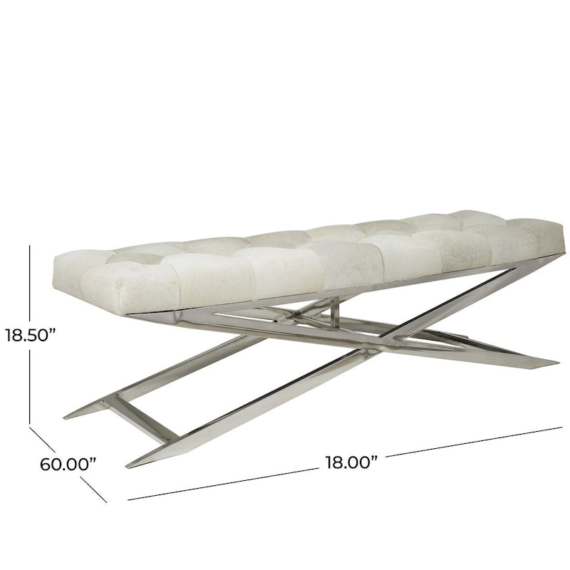 Banc capitonné en cuir avec piètement diagonal argenté - Gris