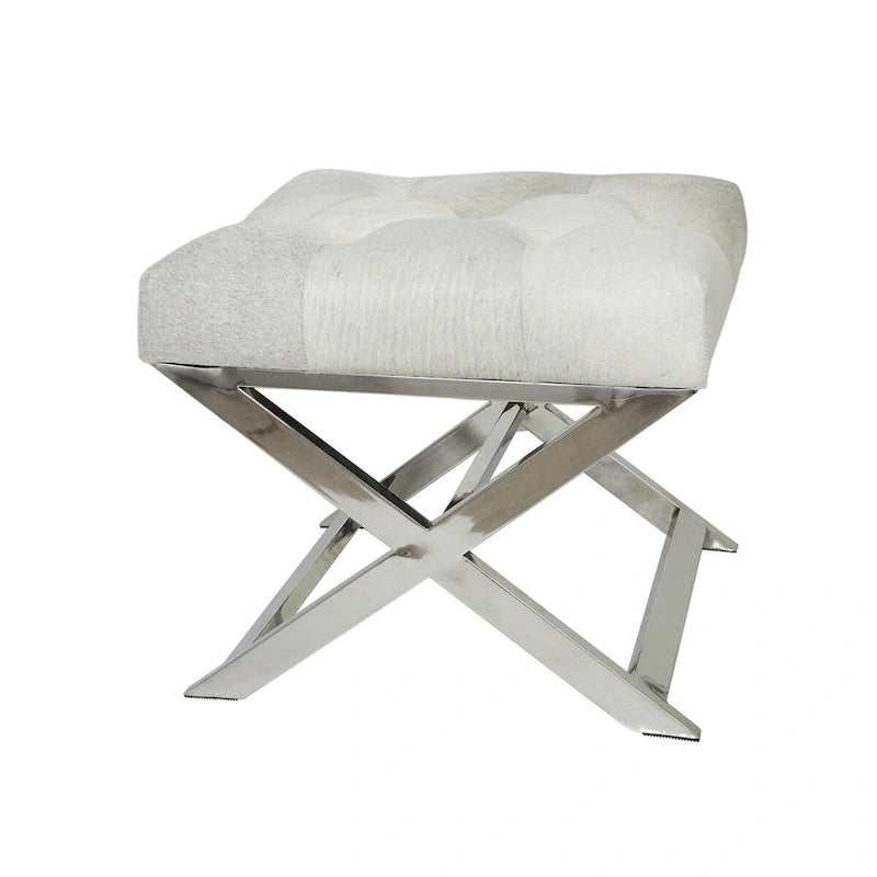 Banc capitonné en cuir avec piètement diagonal argenté - Gris