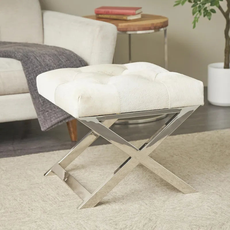 Banc capitonné en cuir avec piètement diagonal argenté - Gris