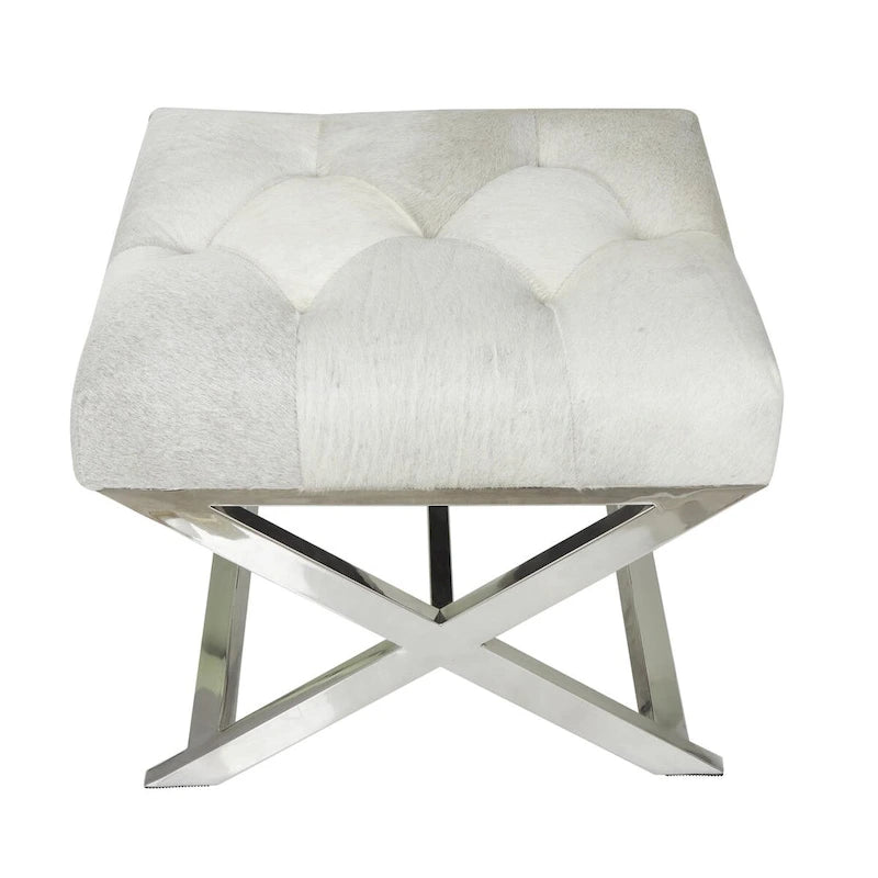 Banc capitonné en cuir avec piètement diagonal argenté - Gris