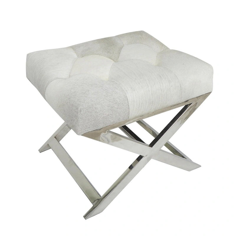 Banc capitonné en cuir avec piètement diagonal argenté - Gris
