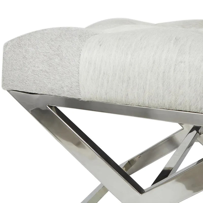 Banc capitonné en cuir avec piètement diagonal argenté - Gris