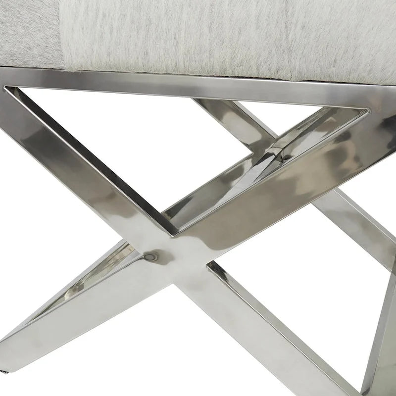 Banc capitonné en cuir avec piètement diagonal argenté - Gris