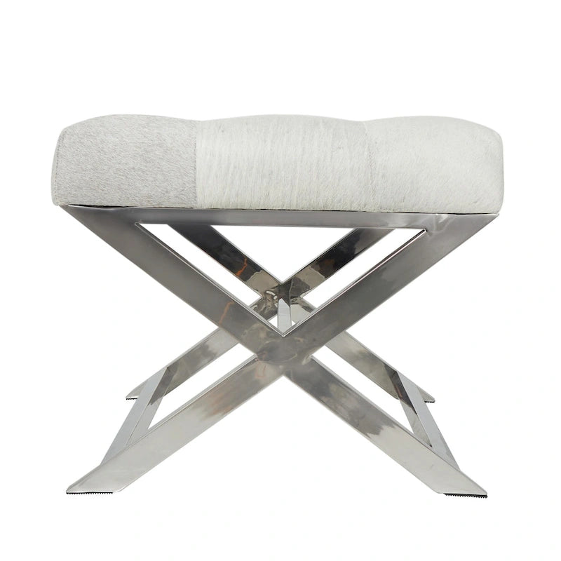 Banc capitonné en cuir avec piètement diagonal argenté - Gris