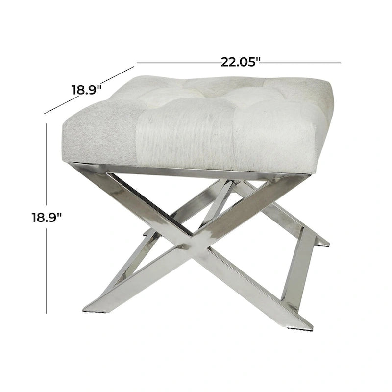Banc capitonné en cuir avec piètement diagonal argenté - Gris
