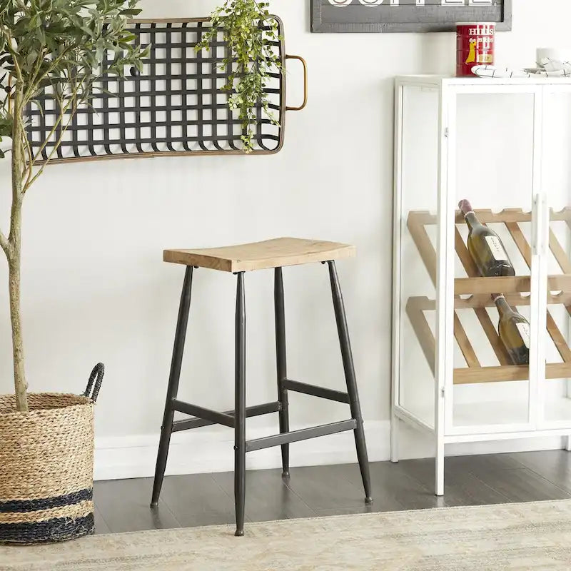 Metal Counter Stool with Brown Wood Top - Black - Roche River Decor